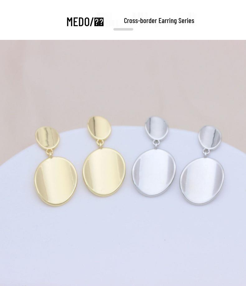 Prehraničné náušnice Strieborná ihla pre ženy - Skutočná zlatá farba, Geometrické okrúhle, štvorcové a oválne tvary, Hladký zliatinový dizajn.