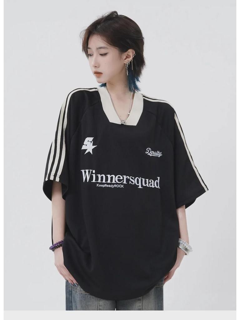 V-neck Oversized Hip-Hop Retro Embroidered Jersey T-shirt - Unisex Short Sleeve