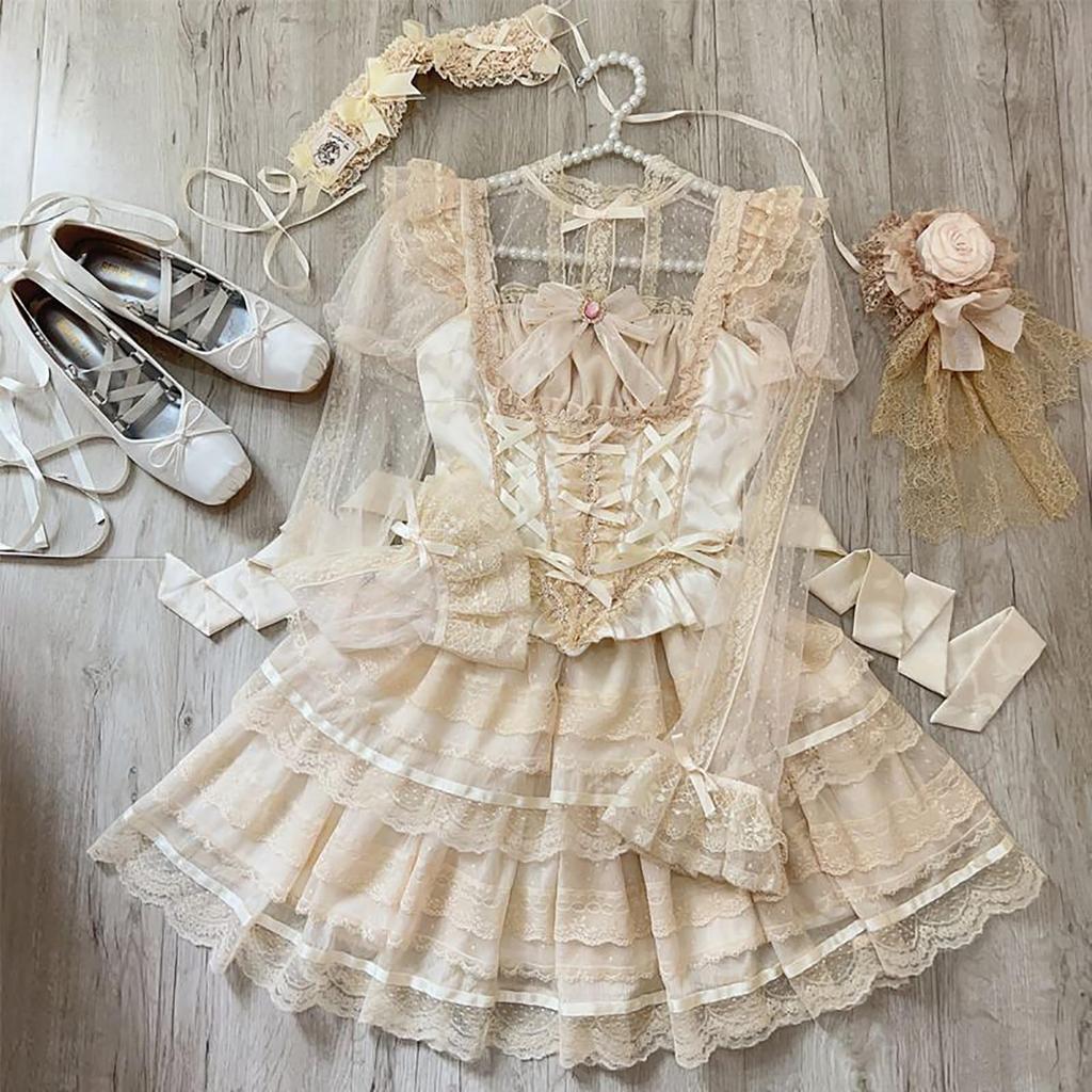 XHSUKADO Lolita Lolita Lace Balloon Princess Long Blouse One Size Fits All Women's Blouse, Innerwear, Blouse, Blouse, Ruffled, Sheer, Sleeves, Tulle,