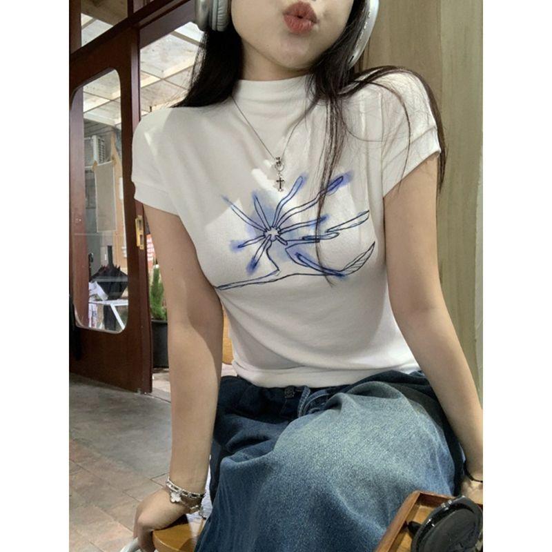 

Девочки Y2K Футболки Белые Ретро с Принтом Короткий Рукав Круглый Вырез Футболки Для Женщин L