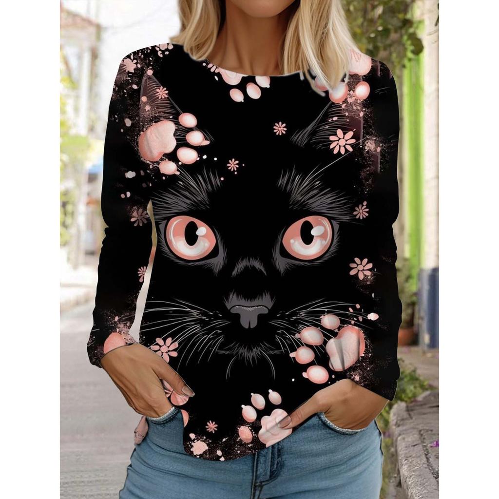 Christmas Cute Cat Women's Long Sleeve T-Shirt Autumn Animal Clothing Holiday Fashion Party T-Shirt