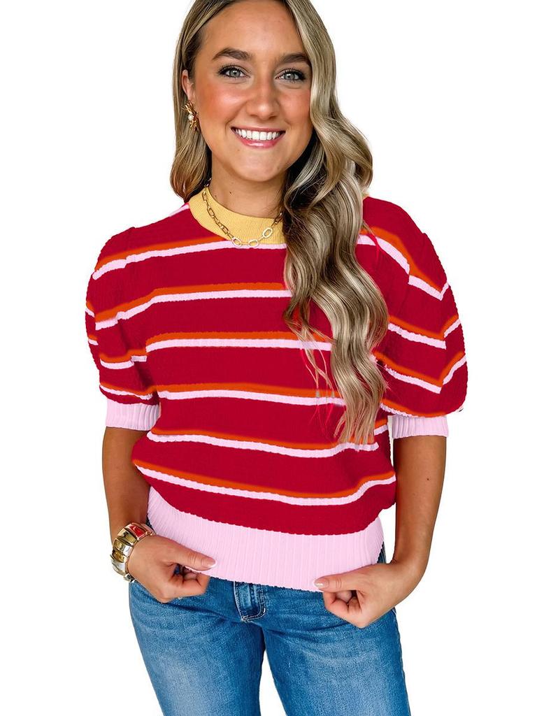 Women's Casual Striped Patchwork Short Sleeve Round Neck Sweater
