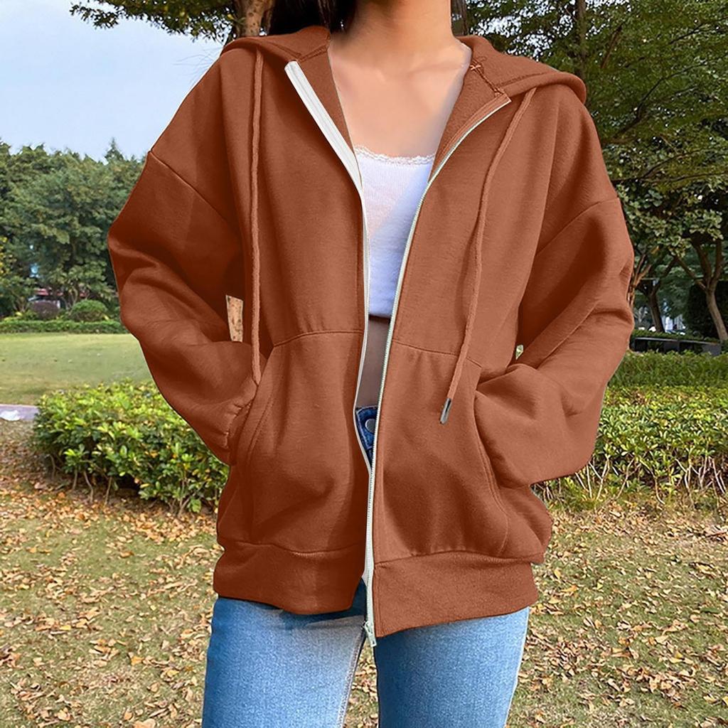 Women's Fashion Casual Solid Color Sweatshirt Autumn/Winter Long Sleeve Pocket Cardigan Jacket Zipper Hoodie Coat