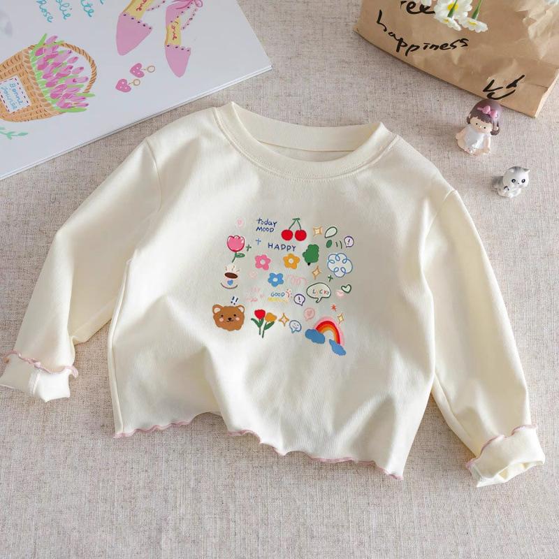 Girls Cotton Long Sleeve T Shirt Ruffled Round Neck Printed Top Spring Autumn Baby Toddler Casual Tee