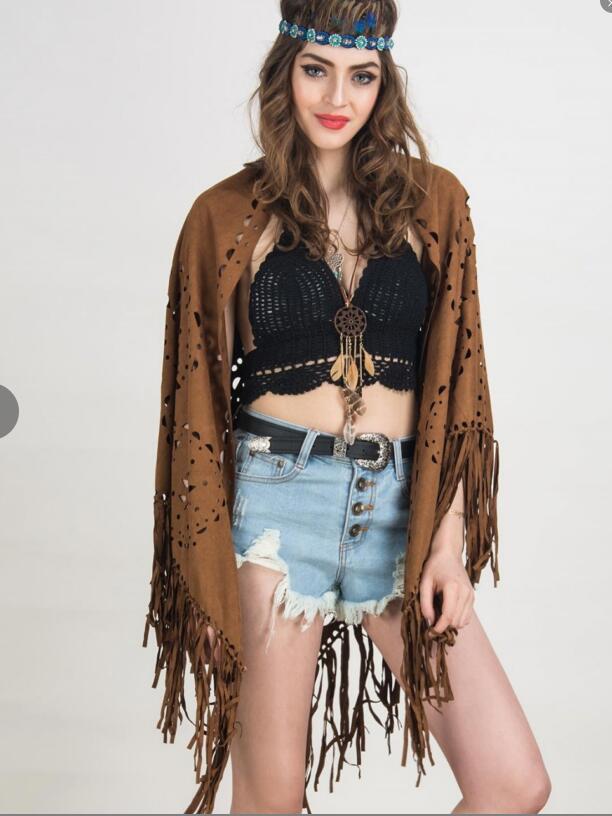 Vintage Capes Suede Floral Hollow Fringe Tassel Ethnic Scarves Tassel Shawls Beach Poncho for Women Hollow-carved Design