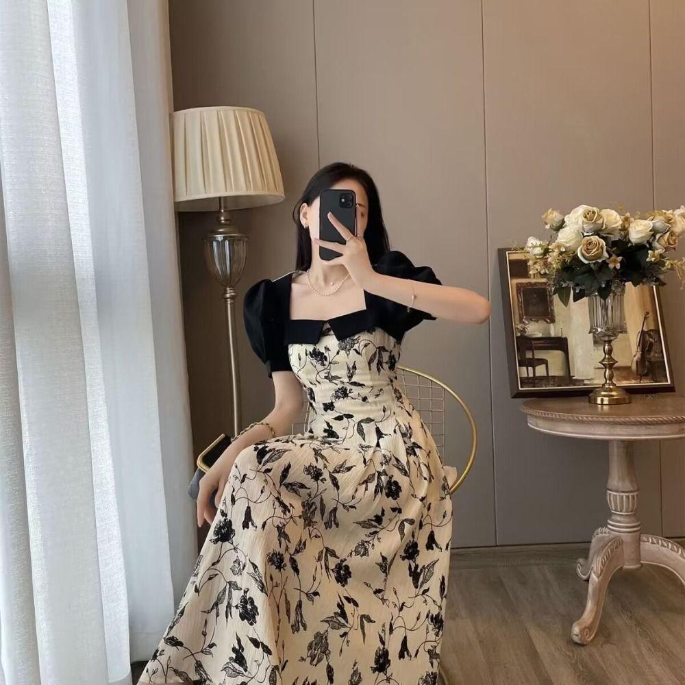 Square Neck A-line Skirt Floral Short Sleeves Dress Sweet Flower Long Dress  Evening Party