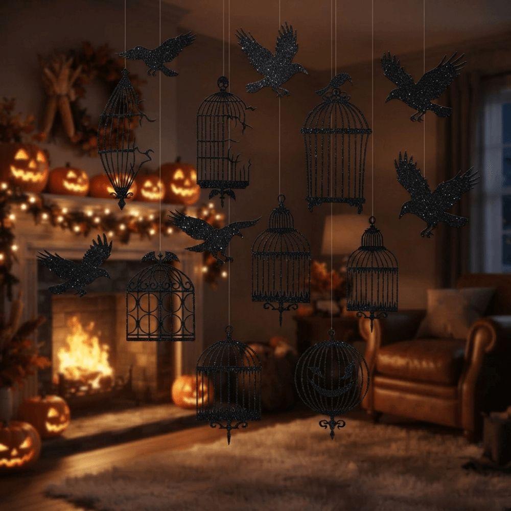 12pcs Dark Glittery Black Crow Hanging Decor Thick Paper Paper Birdcage Pendant  Home Decorator