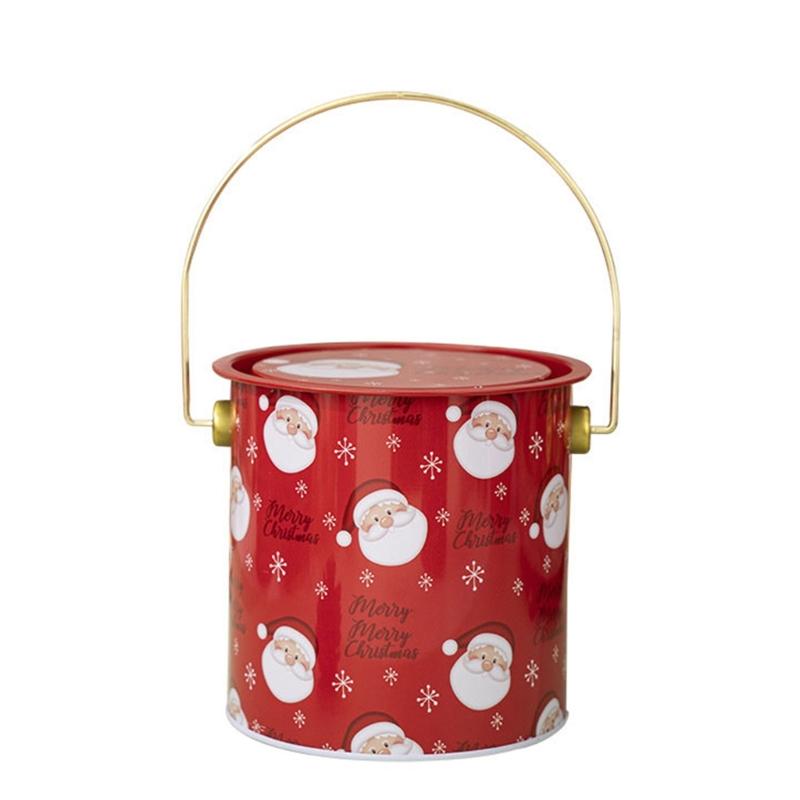 Pack Of 2 Christmas Treat Boxes with Handle Handheld Round Bucket Tinplate Sweets Cookie Container for Party Use