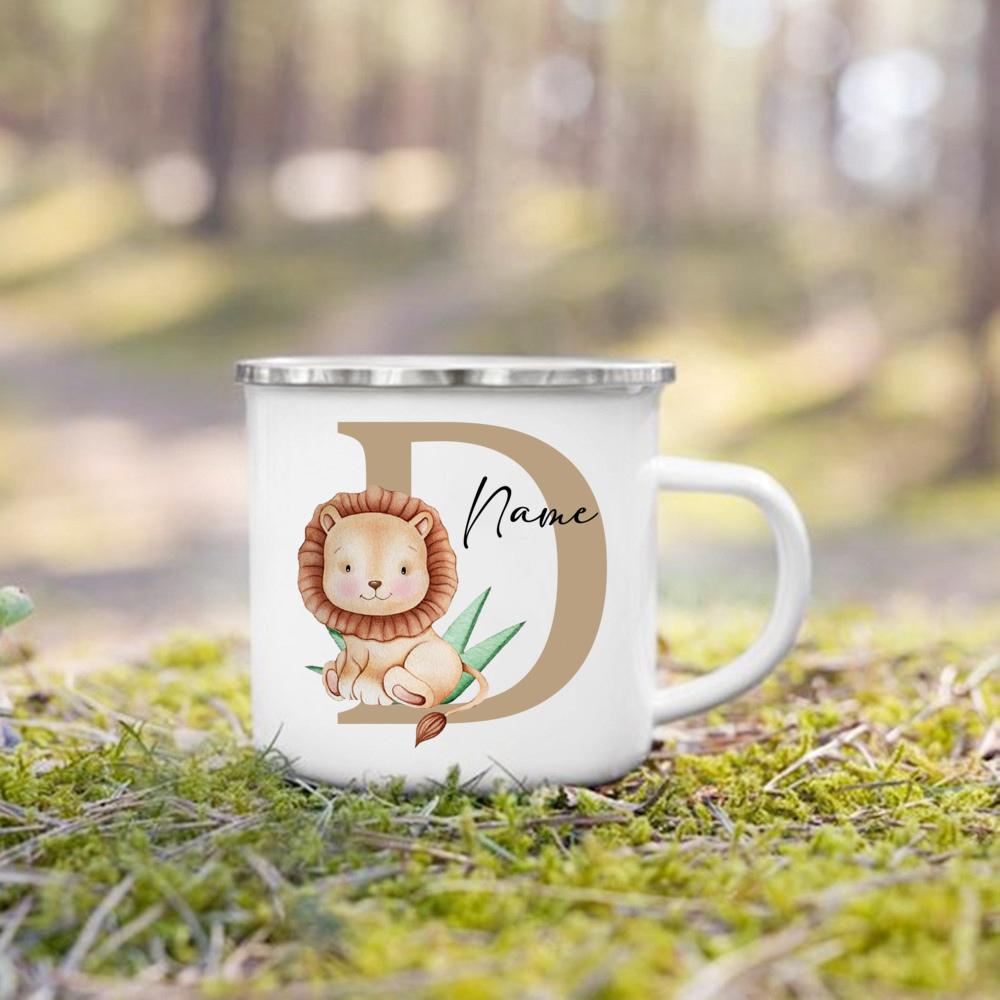 Personalized Mug for Kids Custom Deer Lion Initial with Name Cup for Boys Girls Child Handle Mugs Birthday Festive Gifts for Kid