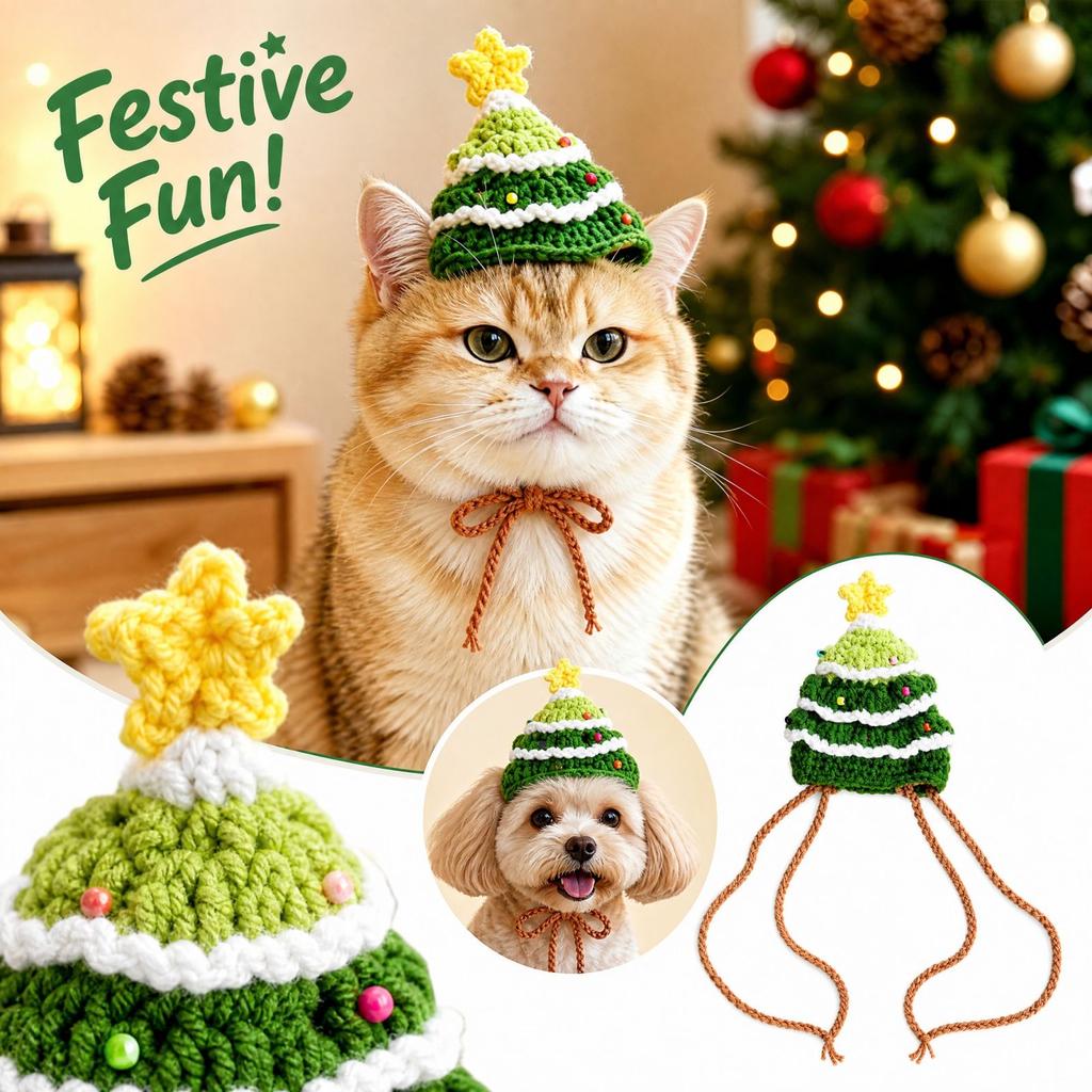 Christmas Tree Shaped Pet Hat, Hand Knitted Yarn and Dog Holiday Costume Headwear for Festive Dress Up
