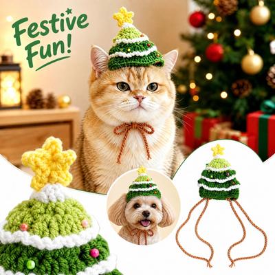 Christmas Tree Shaped Pet Hat, Hand Knitted Yarn and Dog Holiday Costume Headwear for Festive Dress Up