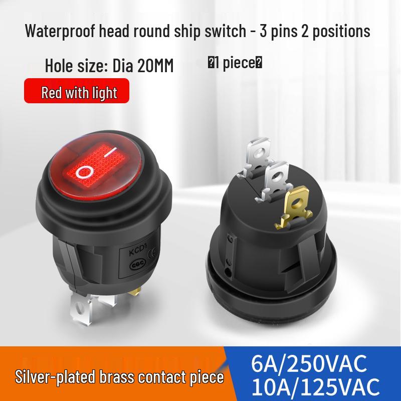 Waterproof Round Boat Rocker Switch with Illuminated Button, 2 Pins, 6A 250V, 20mm Hole