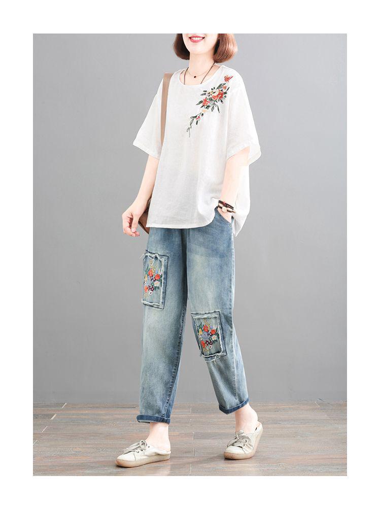 Women's Retro Korean Style Plus Size Embroidered Cotton Linen T-Shirt