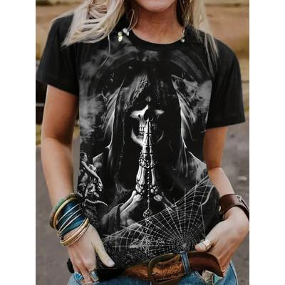Skull 3D Printed Women's Round Neck Short Sleeved Hip-hop Style