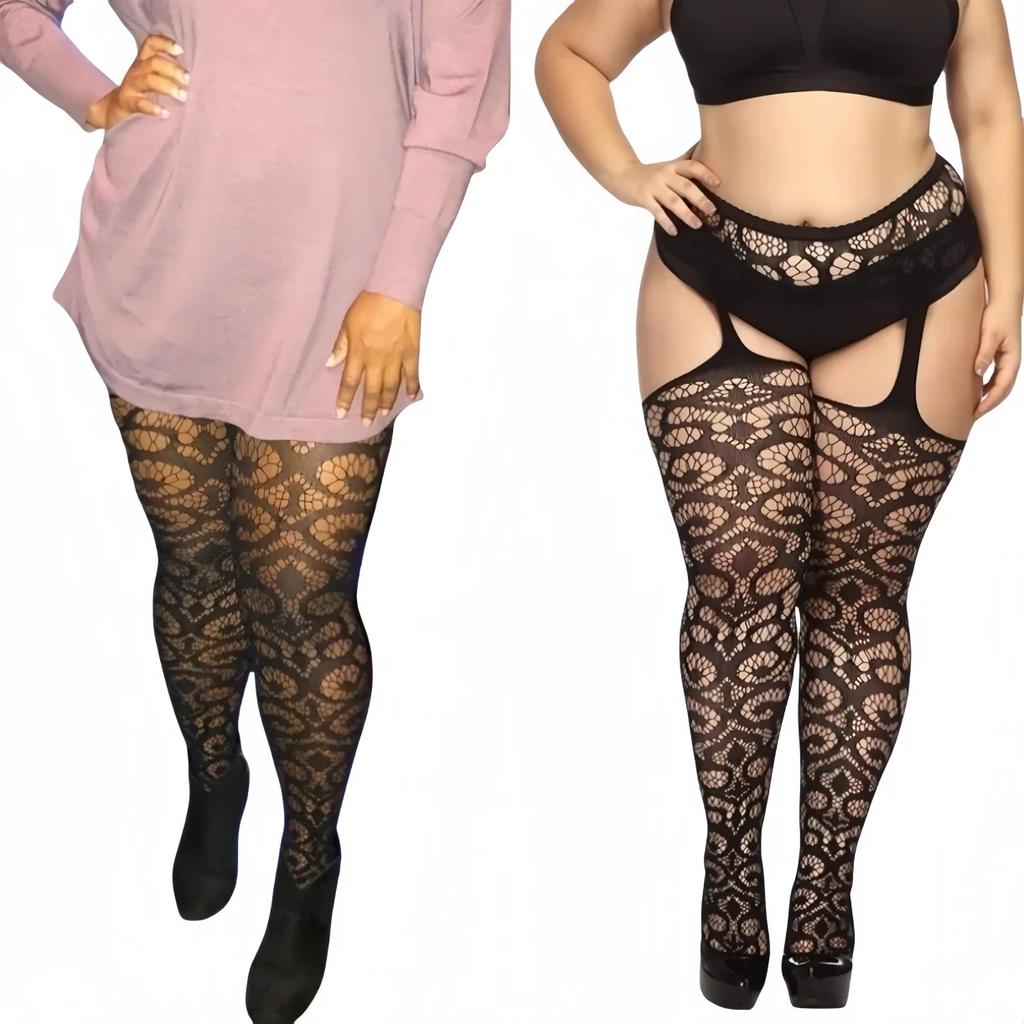 Oversized Women Hollow Black Fishnet Pantyhose Plus Size Knee Thigh High Sheer Sexy Lace Stockings Lingerie Socks Tights 5Xxxxxl