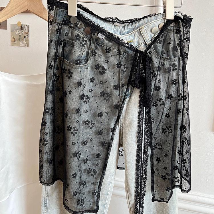 Elastic Lace Slack Stacking With Skirt Women'S High Quality Fresh And Sweet Fart Curtain Flower Apron