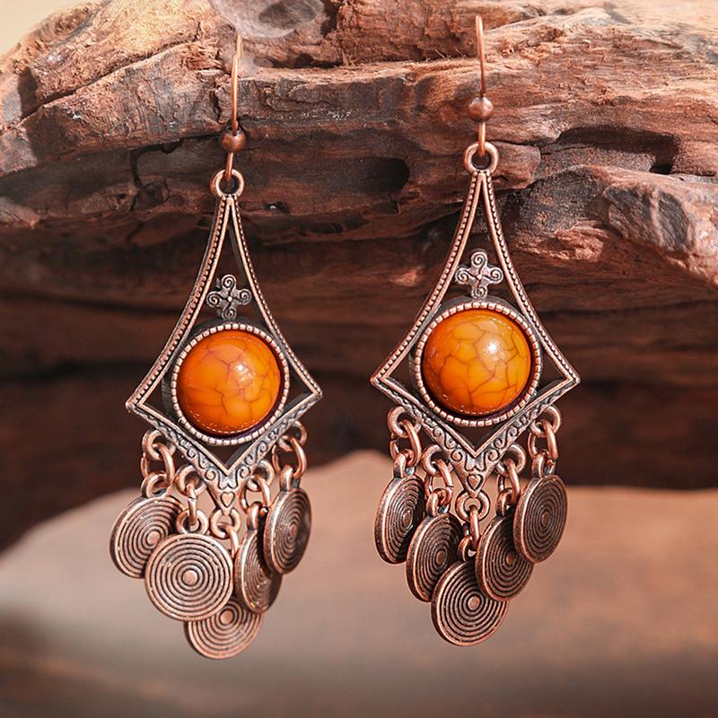 

Vintage Ethnic Blue Bead Acrylic Drop Earrings For Women Geometric Carved Round Tassel Dangle Earring Boho Female Zircon Gift