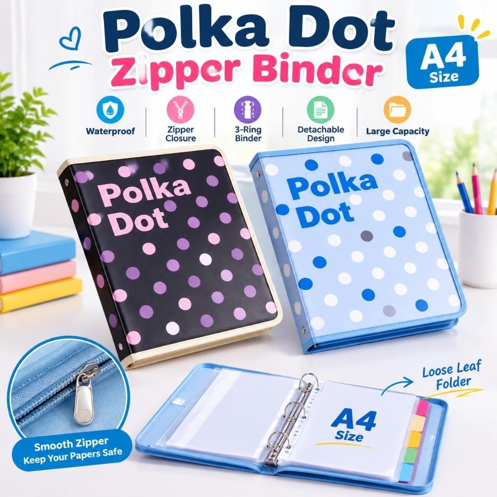 Polka Dot Print A4 Binder PP Notebook Shell High Quality Document Storage Case School Office