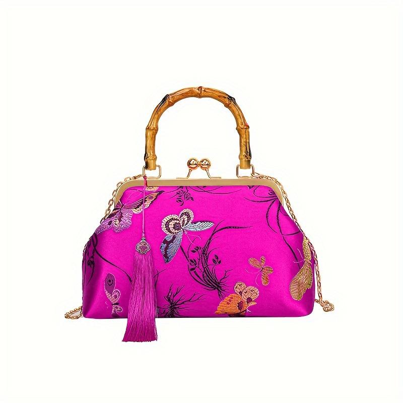 Luxury Silk Embroidered Handbag, Retro Palace Style Bamboo Handle Shell Bag, Ladies High-end Chinese Literary Dinner Clutch Bag