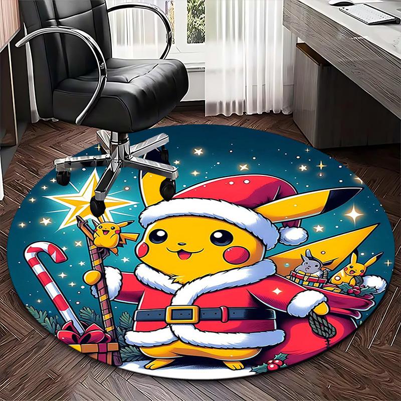 1pc Christmas Pikachu Santa Claus Round Carpet - Anime Design Office Chair Mat, Non-Slip Rug for Home Decor, Living Room