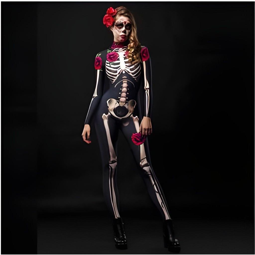 Kids Womens Halloween Costume Skeleton Cosplay Bodysuit Skinny Catsuit Jumpsuit