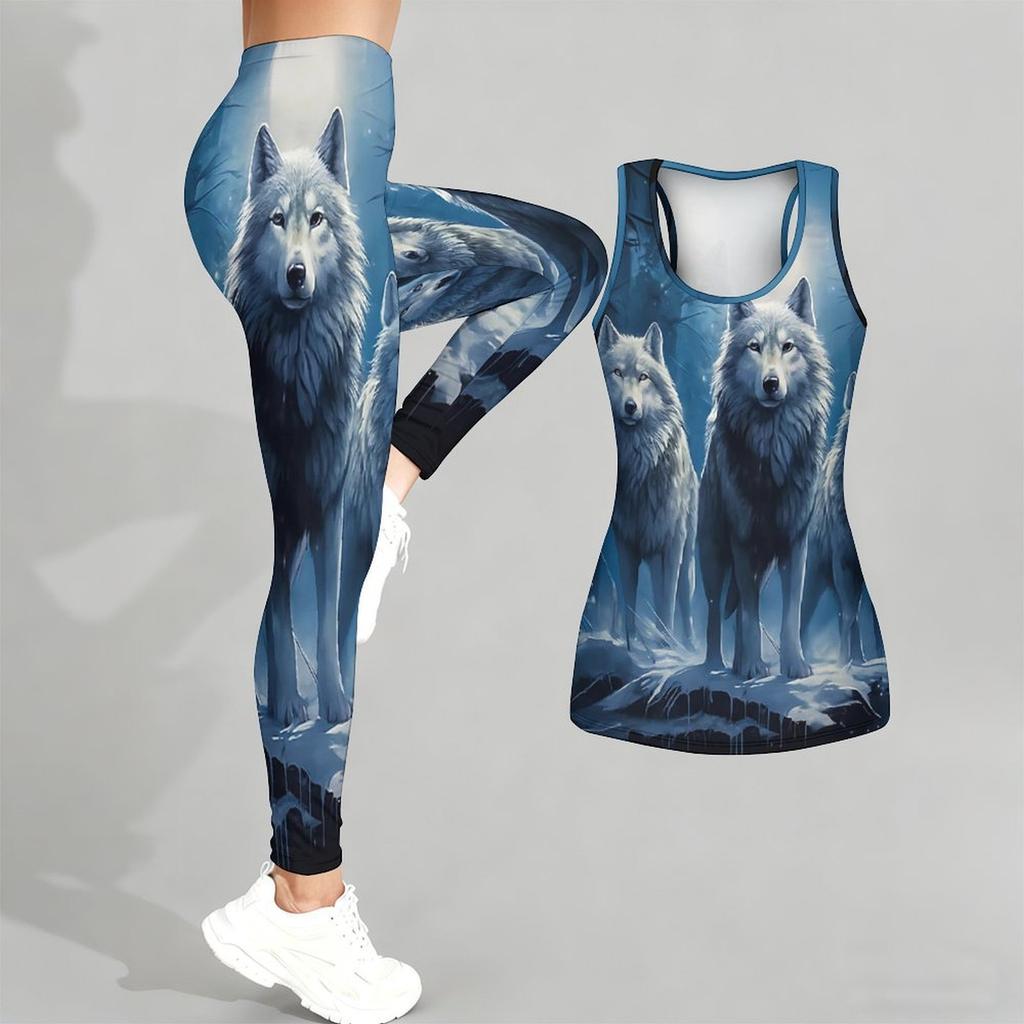 Strong Wolf  Pattern Print Yoga Outfit for Women Fashion Workout Leggings Fitness Sports Casual Yoga Set Sports Suit