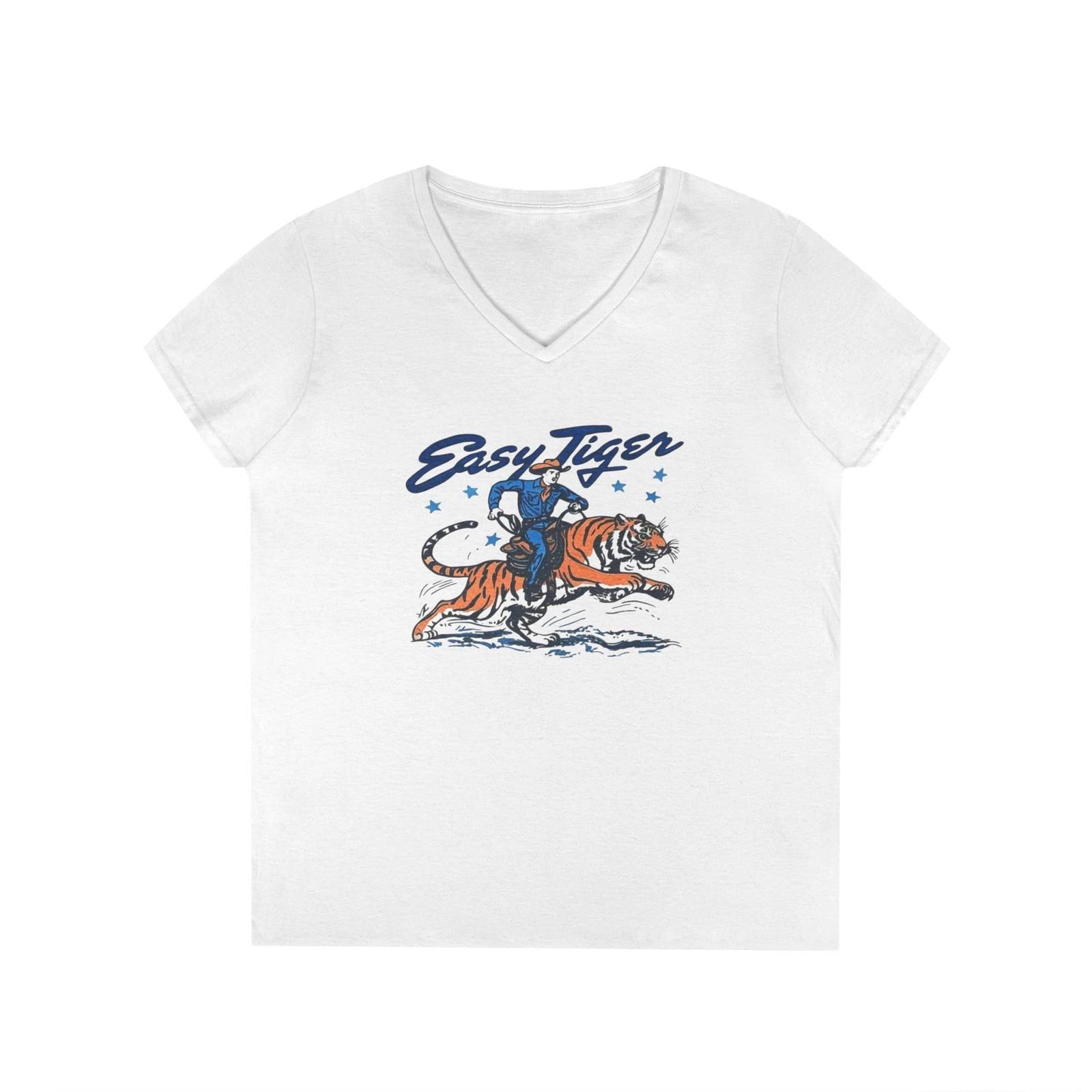 Easy Tiger V-Neck T-Shirt, Fun Graphic Tee, Gift for Cat Lovers, Casual [...] S