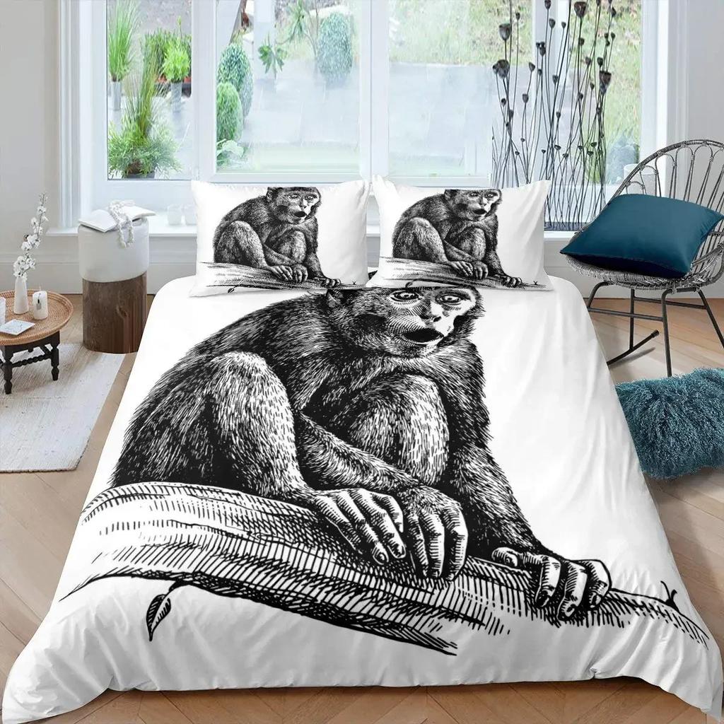 Orangutan Duvet Cover King Queen Size Cute Monkey Bedding Set Palm Leaves Tropical Botanical Polyester Comforter Cover for Adult