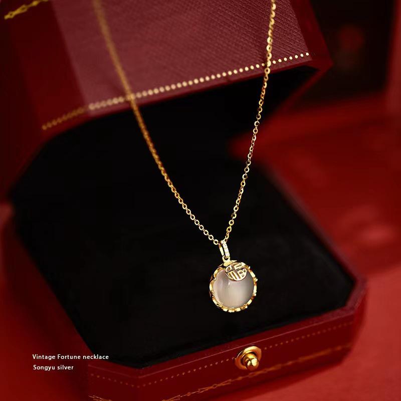 Fu Character Chalcedony Necklace - Women's Trendy, Simple Chinese Style Pendant with Versatile Fashionable Clavicle Chain