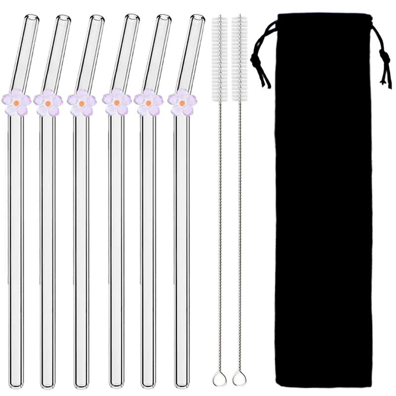6Pcs Reusable Glass Straw Set High Borosilicate Smoothie Cocktails Straw Healthy Eco Friendly Drinking Straw with Clear Brush