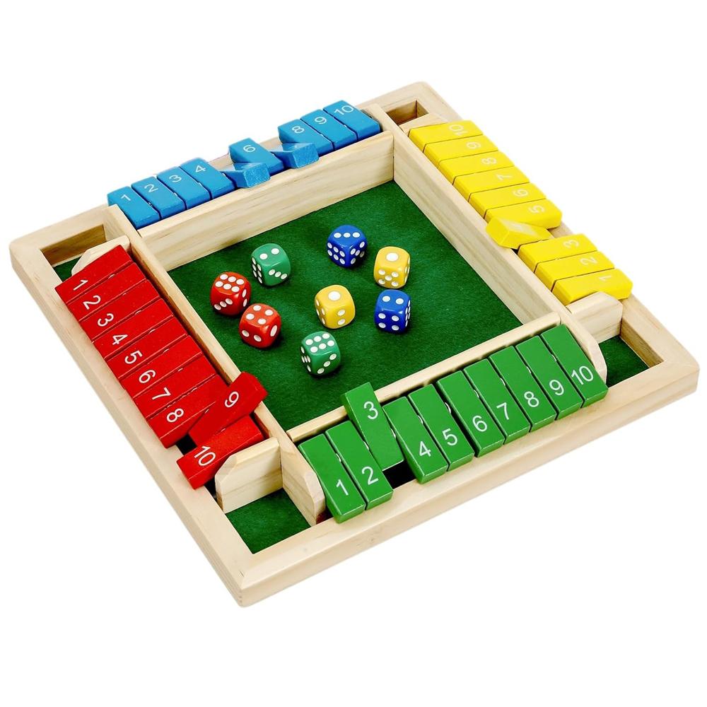 Shut The Box Würfelspiel Klassisches 4-seitiges Holzbrettspiel Umklappen von 10 Zahlen Klassische Tischplatten-Partyunterhaltungsspiele