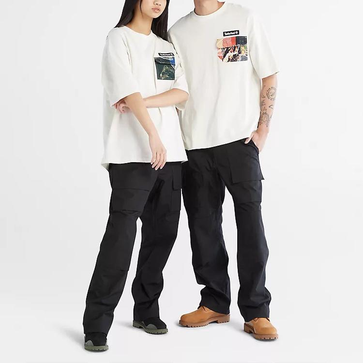 Timberland Pattern Print Pocket Spliced Round Neck Short Sleeve T-Shirt Unisex Tops Vintage-White A6B5P-CM9