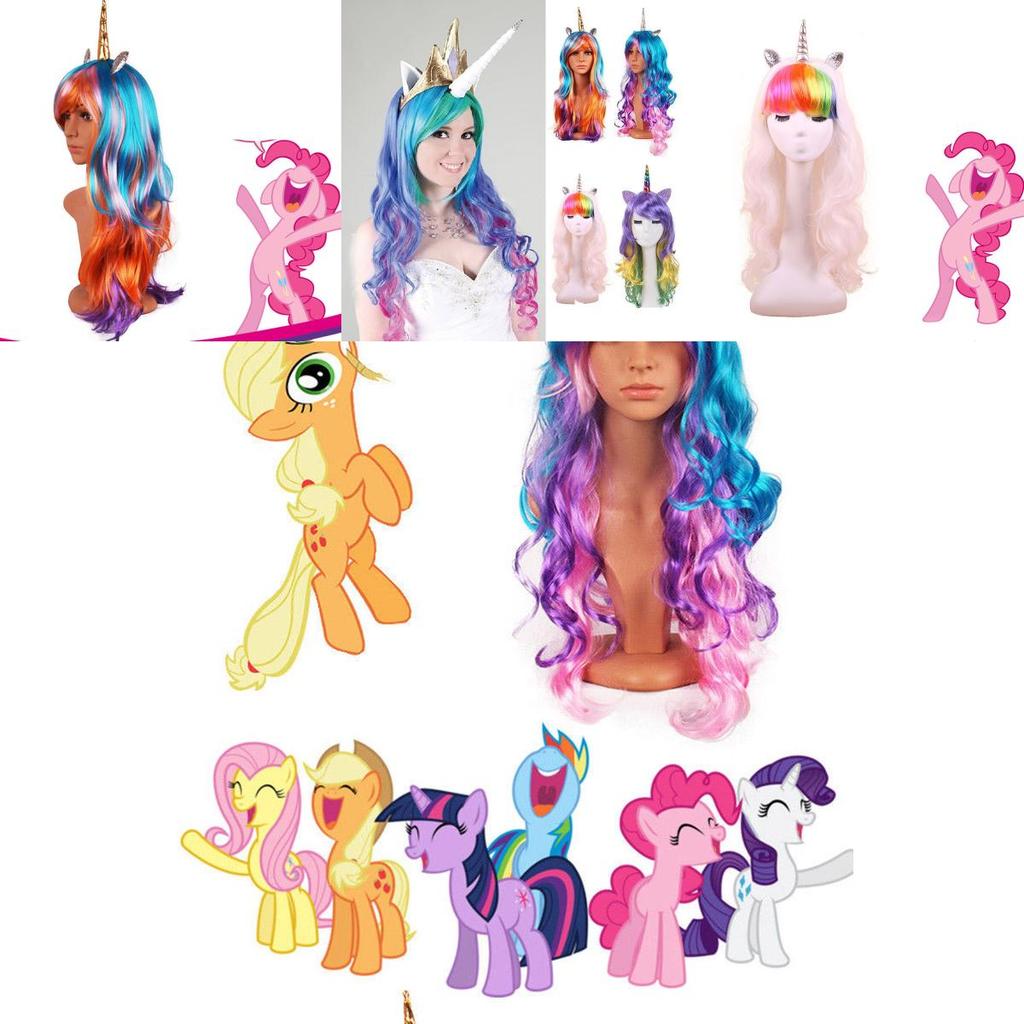 New Fashion Women Ear Unicorn Rainbow Wig Long Curly Wave Hair For Cosplay Party