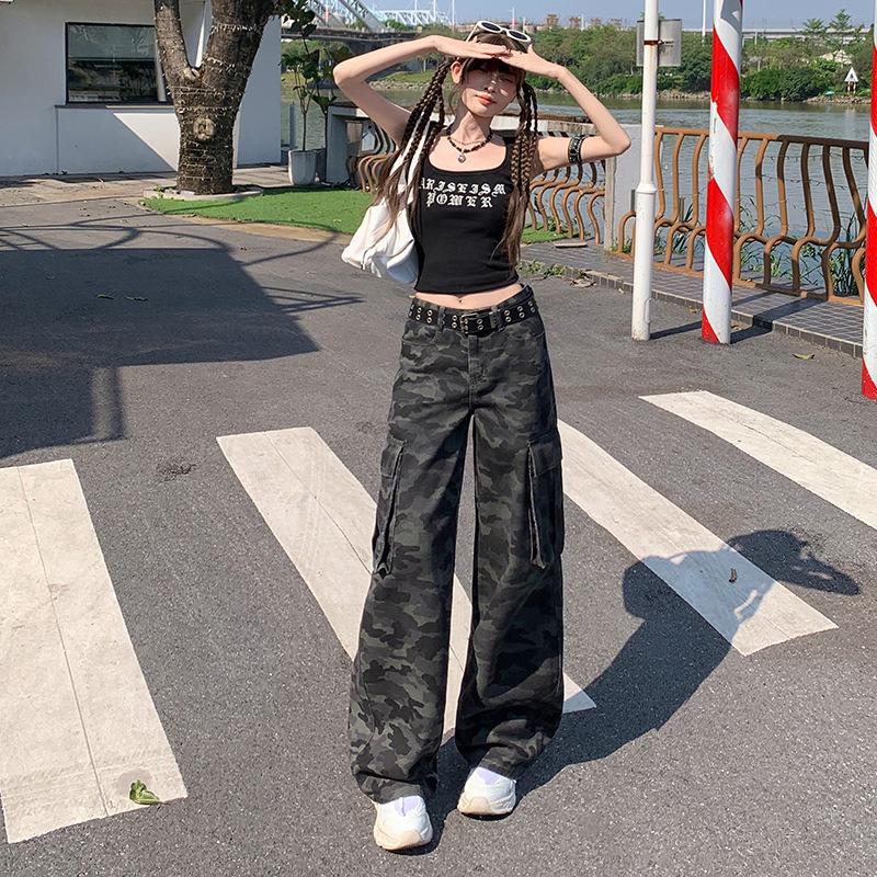 Women's 1926 American Style Camouflage High Waist Wide Leg Denim Work Pants