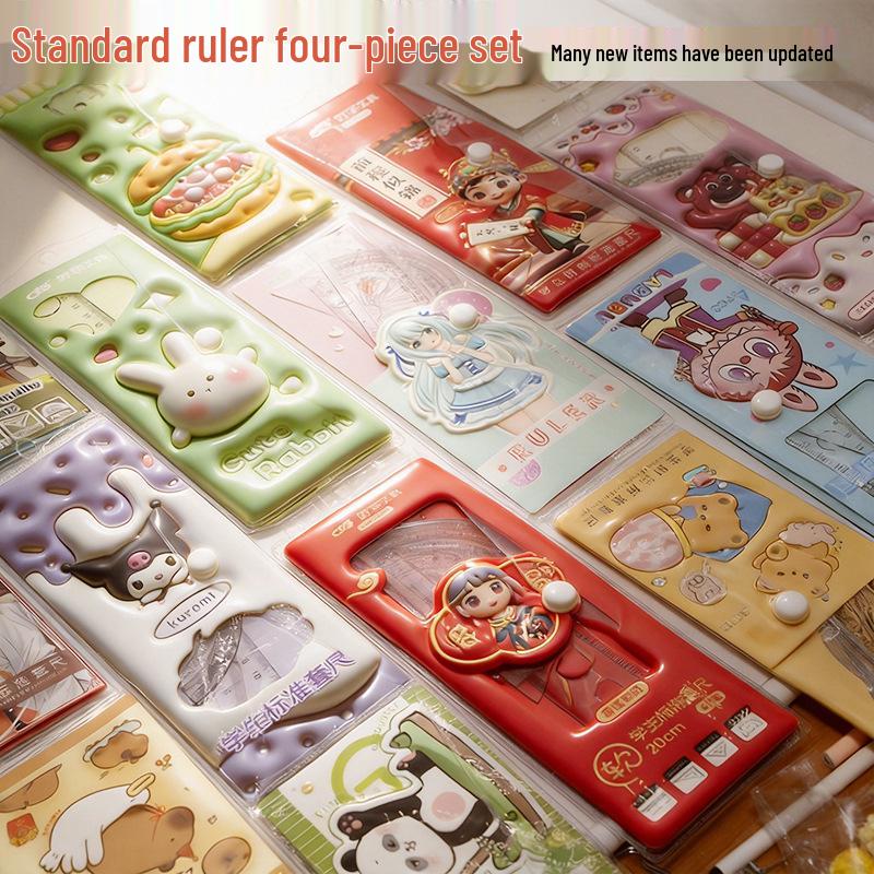 Cute Cartoon Student Ruler Set: Transparent 20cm Straight Ruler, Triangle Ruler, Protractor - 4 Pieces