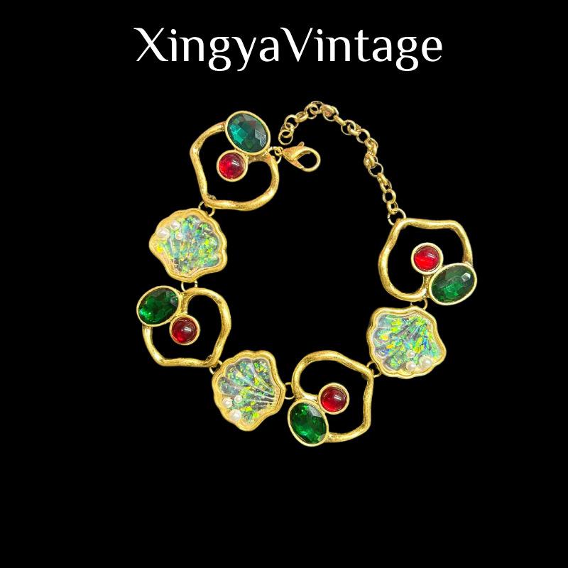 

Vintage Heavy Industry Color Contrasting Jelly Glass Shell Pearl Necklace Bracelet Earnail Set New Style