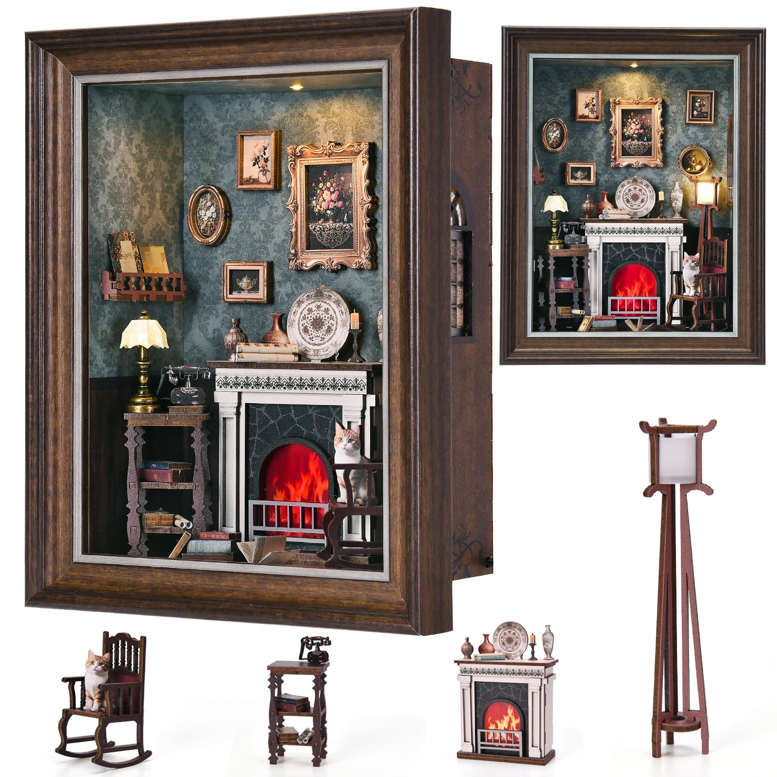 

CRESYMME Dollhouse Miniature Book Nook Kit, Wooden 3D Puzzle, DIY Handmade for Adults, USB Powered (Fireplace and Book Time)