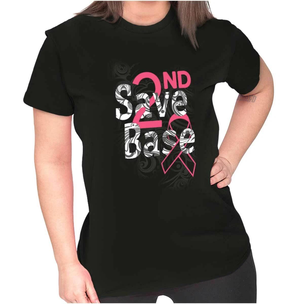 Save 2nd Base Breast Cancer Awareness Ribbon Womens Top Junior Graphic Tee S