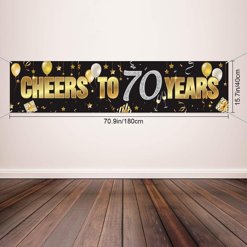 Boao Happy 70th Birthday Banner for Men Women Sign 70 Years Black Gold Glitter Birthday Sign Banner Party Decoration Supplies Anniversary Celebration