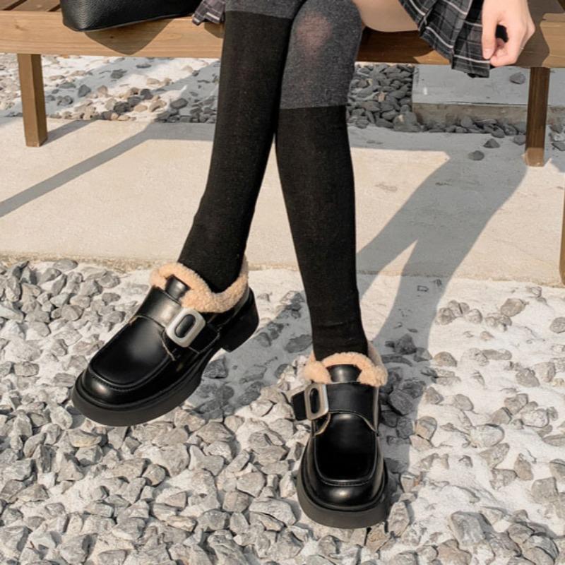 Fashionable British Style Plush Warm Loafers for Women Winter New Waterproof Garden Shoes Round Toe Thick Sole Low-top Shoes