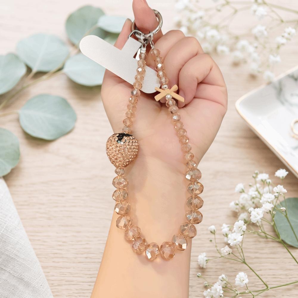 Bling Beaded Phone Bracelet Pink Strawberry Phone Lanyard Mobile Phone Chain Taking Photo