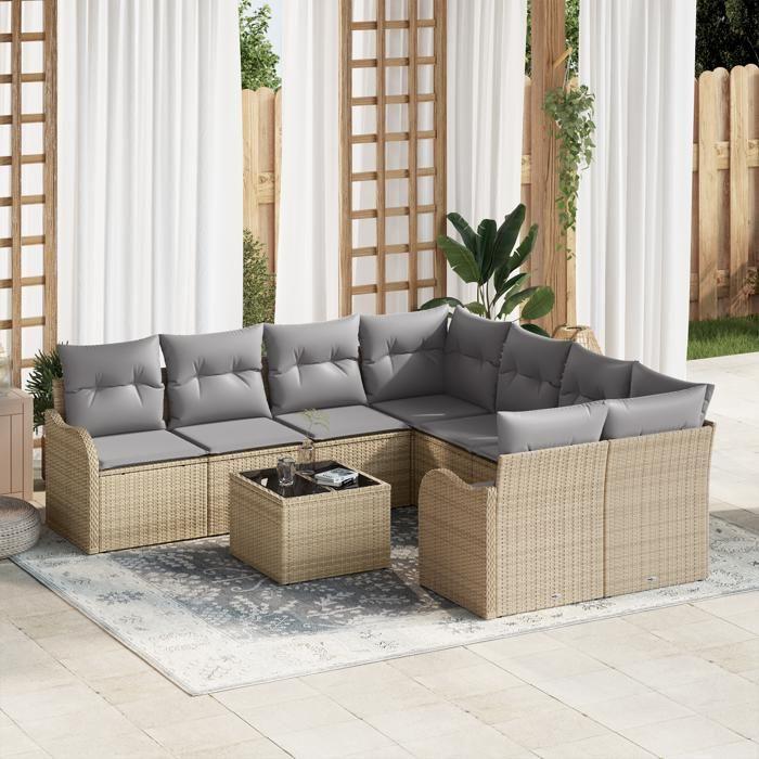 VidaXL Canapé de Jardin 9 Pièces avec Coussins Beige Rattan Poly 3345640