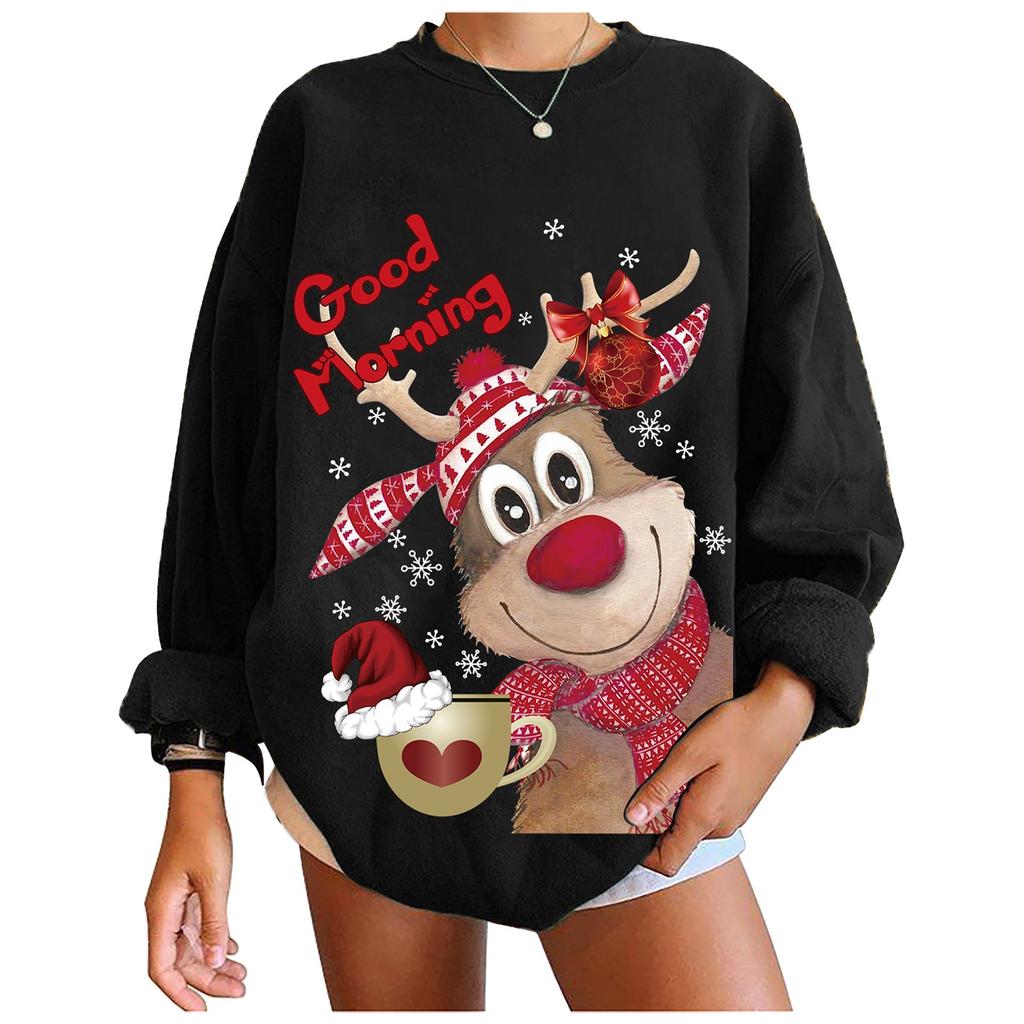Women's Fashion Casual Christmas Print Round Neck Sweater Loose Sports Tops Pullover