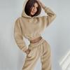 1116 Nouveau pull court à capuche pour femme, décontracté, couleur unie, à cordon de serrage, ensemble de sport