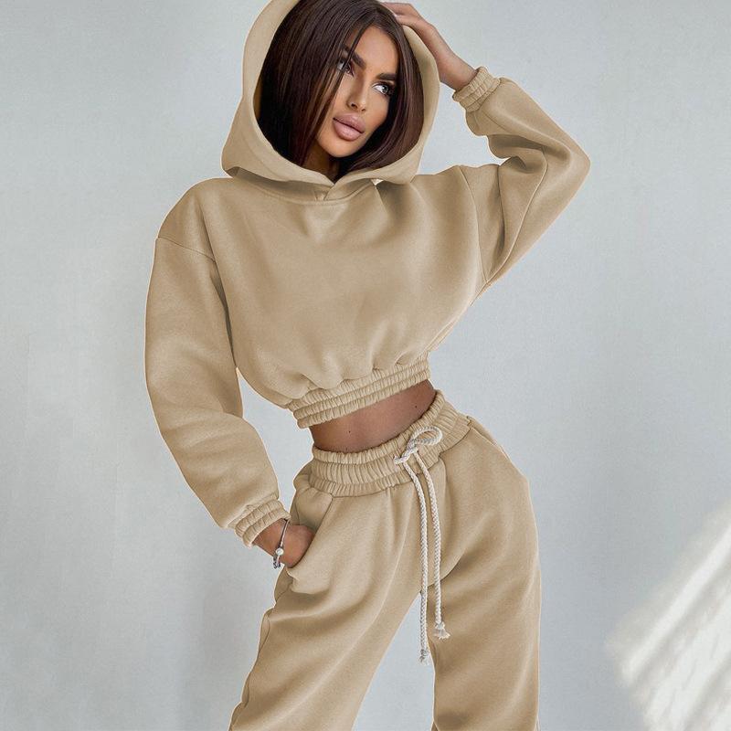 1116 Nouveau pull court à capuche pour femme, décontracté, couleur unie, à cordon de serrage, ensemble de sport