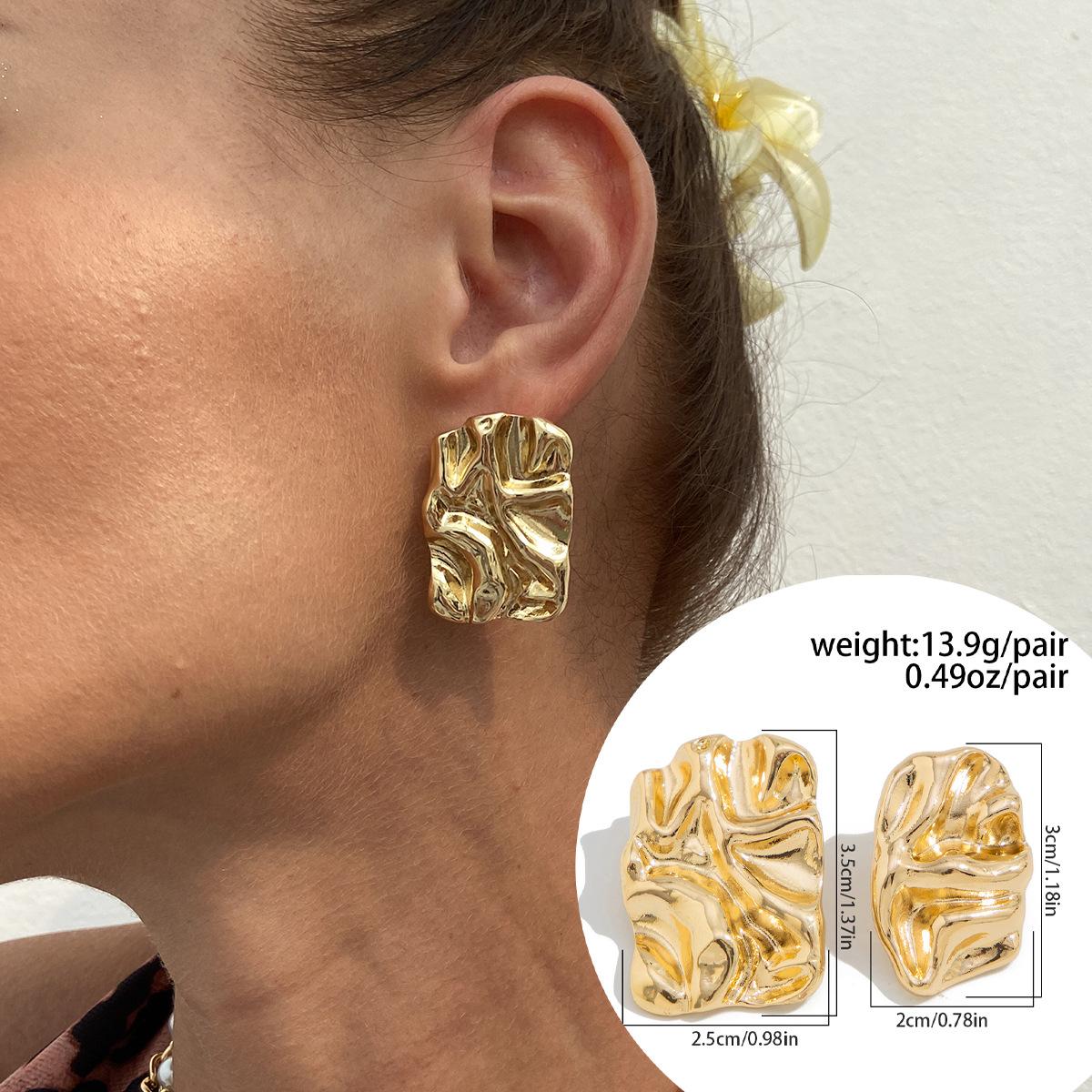 Wind Geometry Liquid Metal Pleated Stud Earrings Female, Exaggerated Irregular Large Flower Lava Earrings