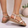 Fashion Bohemian Rhinestone Soft-soled Sandals for Women's Fashion Wear with Wedge Heels and Versatile Flat Beach Shoes