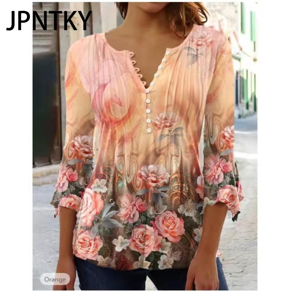 

JPNTKY Women s Fashion Casual Summer Floral Print 3/4 Sleeve V-Neck Blouses & Shirts S
