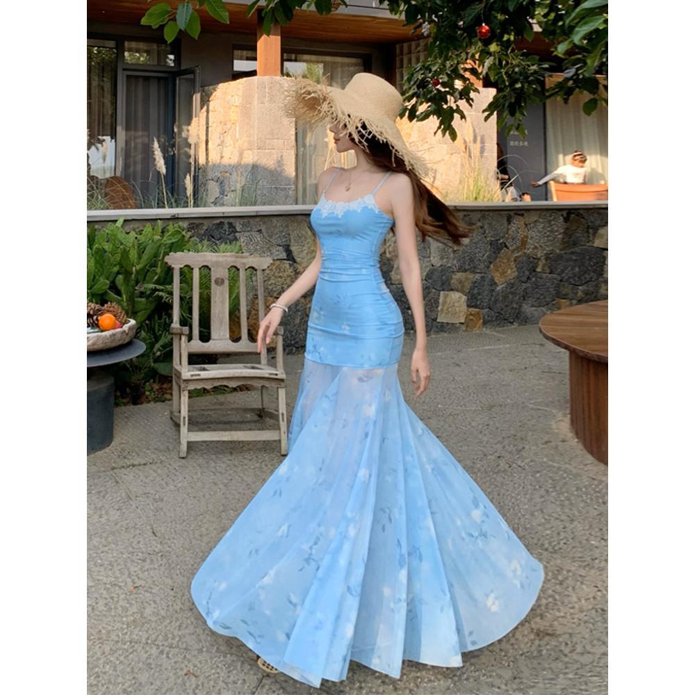 

Пляжный отдых облегающее длинное платье Французская Spice Girl Дофаминовый наряд Синее кружево вставками Принтованная сетка Юбка на бретелях XL- (recommended 110-60kg) синий