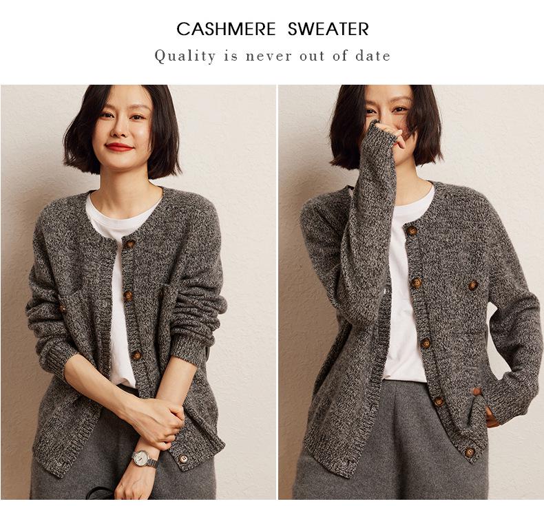 Women's Retro Floral Button-Up Cashmere Cardigan - Round Neck, Thick, Double Pocket, Slimming Knit Sweater for Autumn/Winter